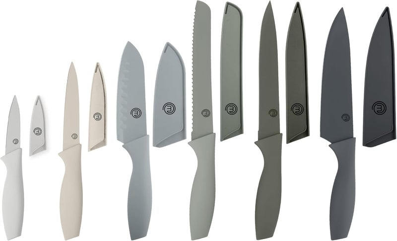 Master Chef Kitchen Knife Set with Covers, 6 Professional Chef Knives for Home Kitchens, Extra Sharp Cutting Stainless Steel Blades & Protective Sheaths, Soft-Touch Easy-Grip Handles, Earth Greys - Image 1